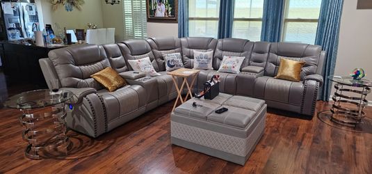 Grey genuine Leather Power Reclining Sectional Sofa with Storage Ottoman