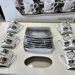 12 Pc Coffee Cup Set w/ Tray – Porcelain Espresso Set – New/Open Box
