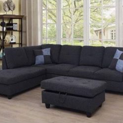 New Black Grey linen Sectional Sofa W/ Free Ottoman And Pillows  New In Original Boxes