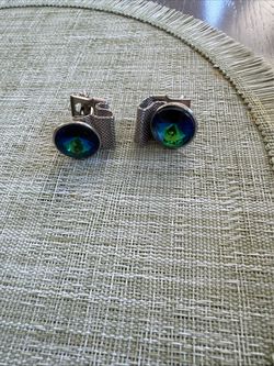 Silver Mesh Cufflinks with Blue Green Stone