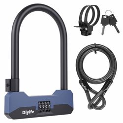 Diyife Large Bike U Lock Heavy Duty Anti Theft With 5FT Steel Cable, 18mm Shackle, 4-Digit Combination High Security Bike Lock With 2 Keys And Mountin