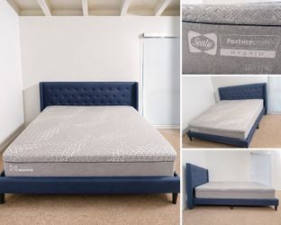 King Bed Set – Blue Upholstered Bed Frame + Sealy Posturepedic Hybrid Mattress