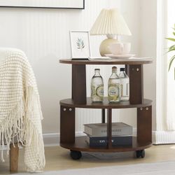 Solid Wood Round Coffee Table, 360 Coffee Table with Wheels, Round Office Bookcase Table, Easy Assembly, Walnut