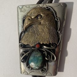 Vintage Bolo Tie Silver With Brass Eagle And Turquoise Stone