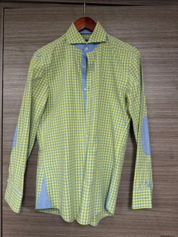 BOSS Hugo Boss Slim Fit Button Down Shirt 37 Yellow Blue Checkered Elbow Patches