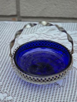 Cobalt blue bowl with silver basket