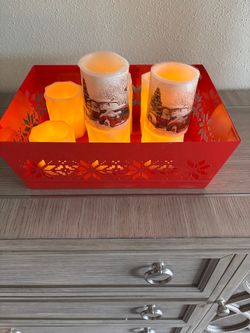 8 Flameless Candle Set with Red Metal Tray