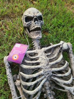 New Home Accents Holiday 5ft Grave And Bones Pose-N-Stay Pitted Skeleton With LED Eyes