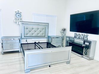 Queen bed frame with metal base and 2 nightstands