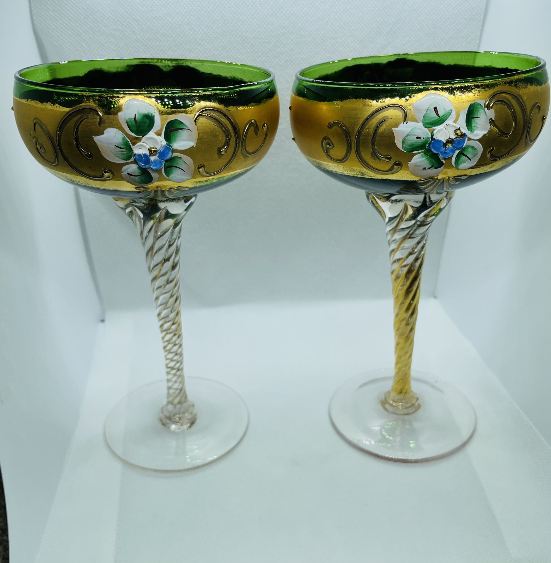 Rare Antique Bohemian Moser Green/gold Wine Glasses