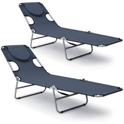 2 Pack Folding Beach Lounge Chairs with 5 Adjustable Positions, Face and Arm holes, portable