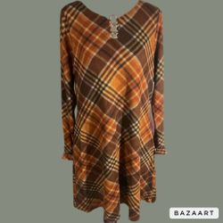 New SZ 10 long sleeve plaid vintage style dress w/o-ring  embellished neckline 