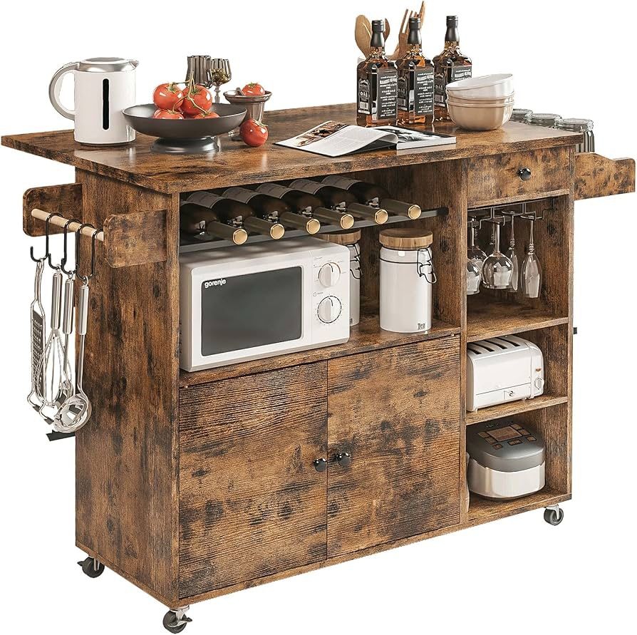 Rolling Kitchen Island Cart with Drop-Leaf and Wine Rack, Microwave Rack Serving Cart on Wheels with Drawer & Shelves & Spice Rack & Cup Hanging, Vint