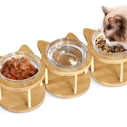 Set of 3 Single Elevated Cat Bowls, Ceramic Raised Cat Food Water Bowl with Bamboo Stand