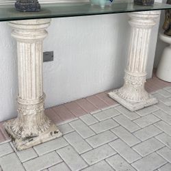 Garden Or Hall Table: 2 Matching 30” SOLID Cement Concrete Column Pedestals & Beveled Glass Top. Greek Italian Plant Art Statue Pedestal Stands.