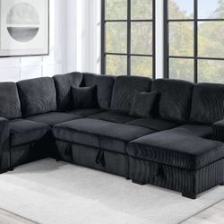 ✅️✅️4 pc Black corduroy fabric sectional sofa with storage chaise and love seat and pop up sleep area in center USB charging✅️✅️