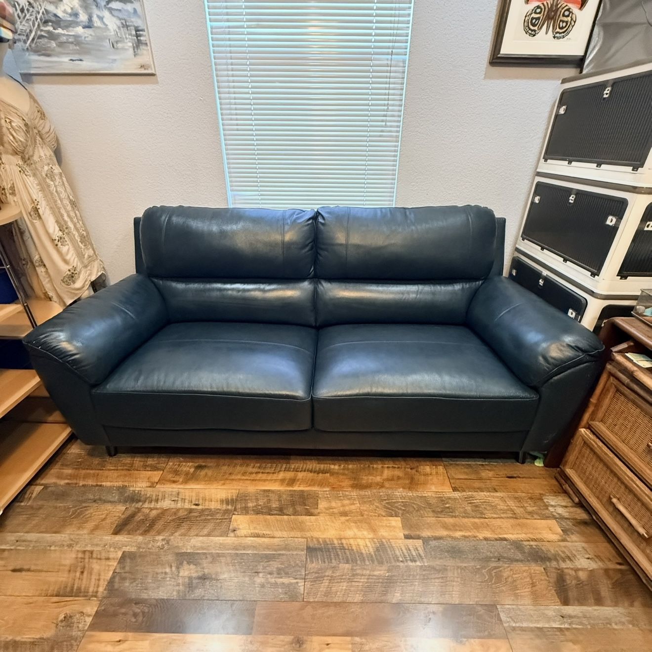 Abbyson Zamora Top Grain Leather Sofa Navy Blue 7ft Couch