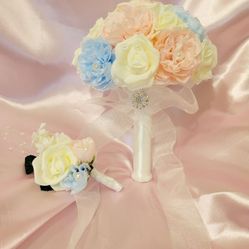 NEW! Bride Pearl Bouquet and Groom Boutonnière (Blue/Pink/ Off White