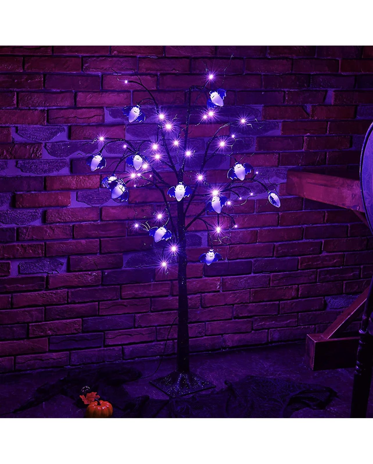Twinkle Star Halloween Tree, 4FT Halloween Decoration Black Spooky Tree Glittered with 48 LED Purple Lights and 12 Bats, 24V 3.6W Low Voltage Artifici