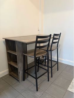 Industrial Bar Height Dining Table w/ Built-In Shelves + 2 Stools — Amazon 3-Piece Set | LIC Queens