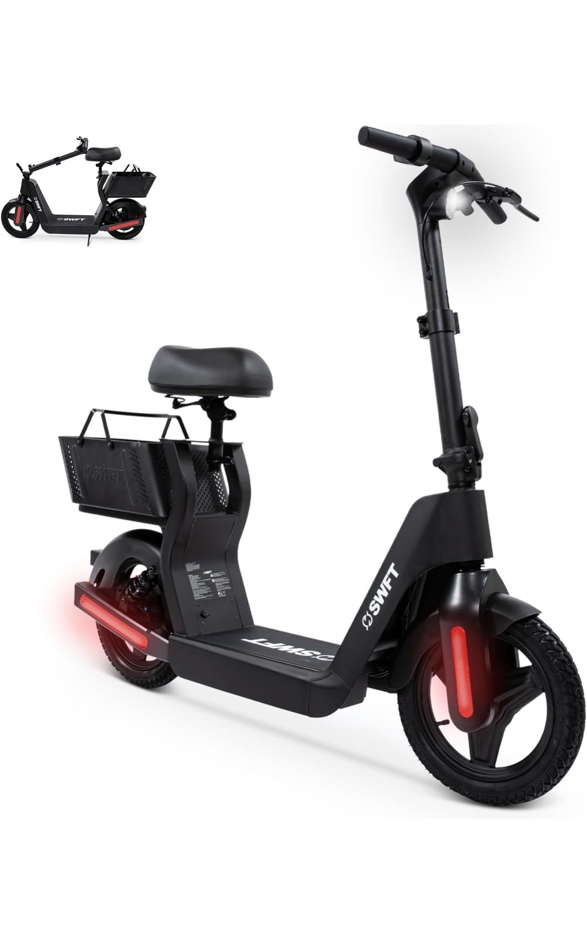 SWFT SD Electric Scooter With Seat- 15mi Operating Range, 18 Mph, 14" Performance Wheels, Basket, Digital Display, Lockable