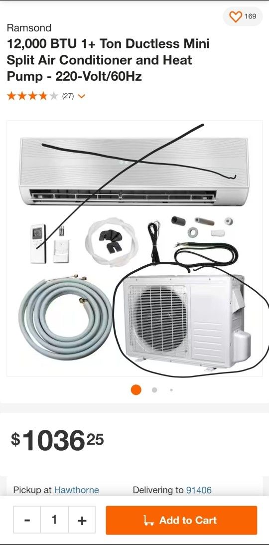 Ramsond 12000 BTU 1+ Ton Ductless Mini Split Air Conditioner (outdoor unit only) $350