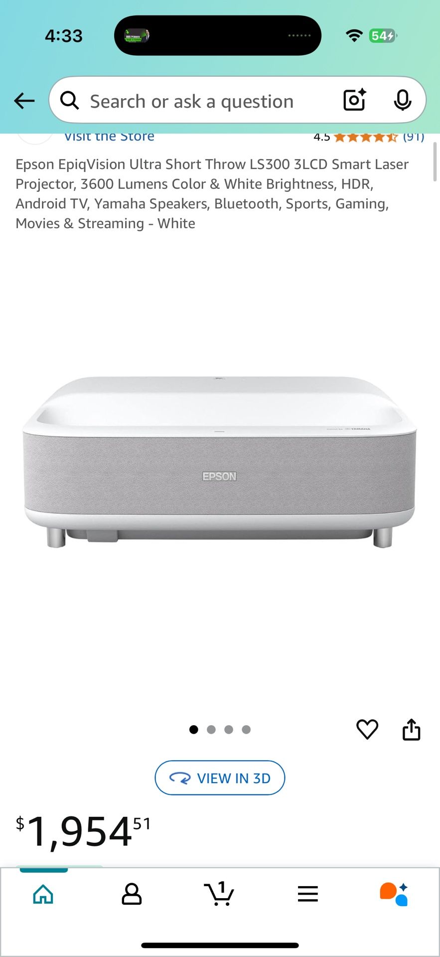 EpiqVision Ls300 Laser HDR UST Projector 4K Input