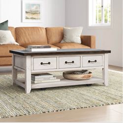Brand New. Farmhouse Coffee Table with Drawers and Shelf