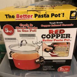 Red Copper Infused Non-Stick Ceramic 5 Qt Pasta Pot 2pc Cook & Strain Pot Set
