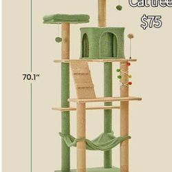 😀 70.1-Inch Green Large Cat Tree, Multi-Level Tall Cat Tower for Indoor Cats, Plush Cat Tree with Big Padded Perches, Sisal-Covered Scratching Posts