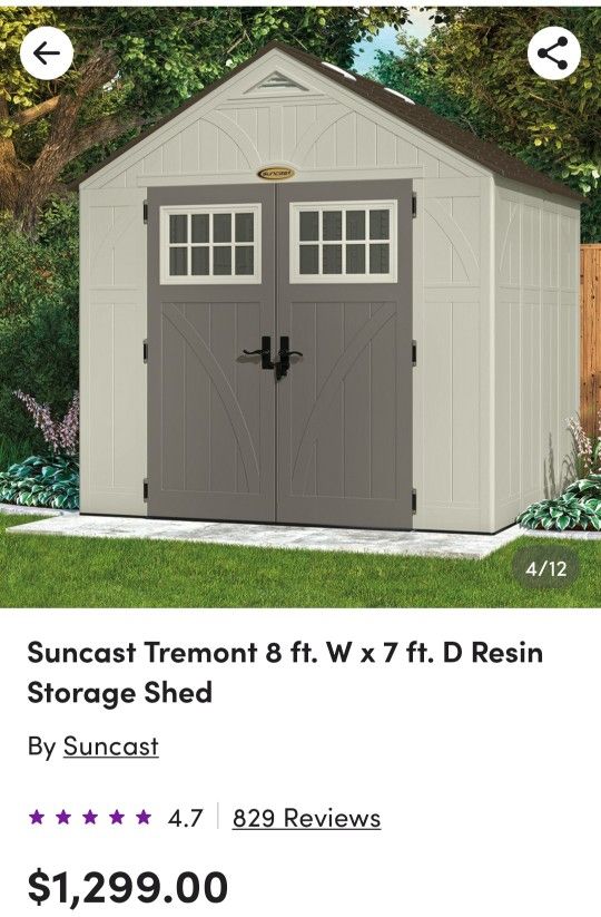 Suncast Tremont 8ft X 7ft Resin Storage Shed