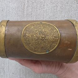 Vintage Copper Brass Tankard Mug Aztec Calendar Sun Stone Relief Beer Mug 5”