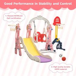5-in-1 Toddler Slide and Swing Set Outdoor Slide Set with Basketball Hoop