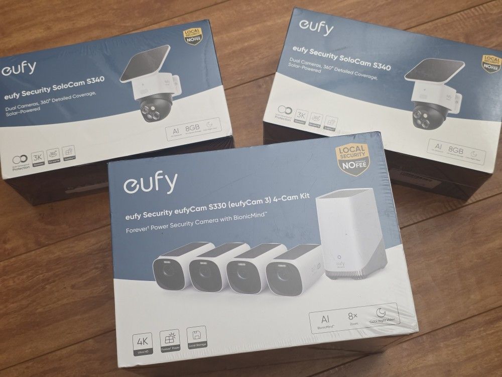 BRAND NEW/SEALED Eufy S330 4-Pack w Homebase 3 & Two Solocam S340 pan tilt cameras