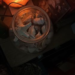 Glass jar with sand, seashells, and stones.