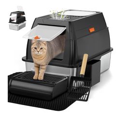 New Black Stainless Steel Litter Box with Lid, XL 