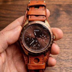 Guess Men’s Brown Leather Tachymeter Watch