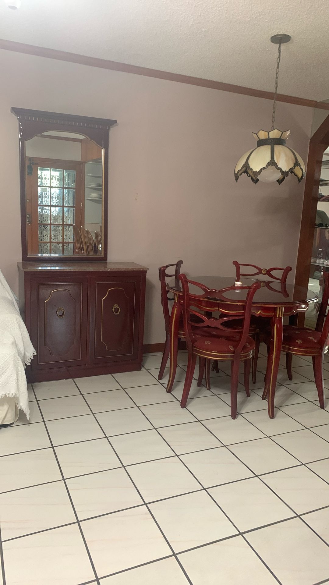 Wood Cabinet, Mirror And Dining Room Table With Four Chairs