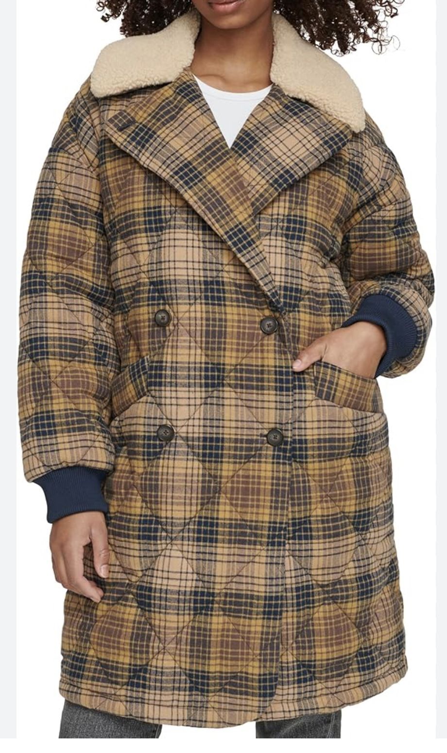 LEVI’s Quilted Plaid Double Breasted Coat with High Pile Fleece Collar NWOT