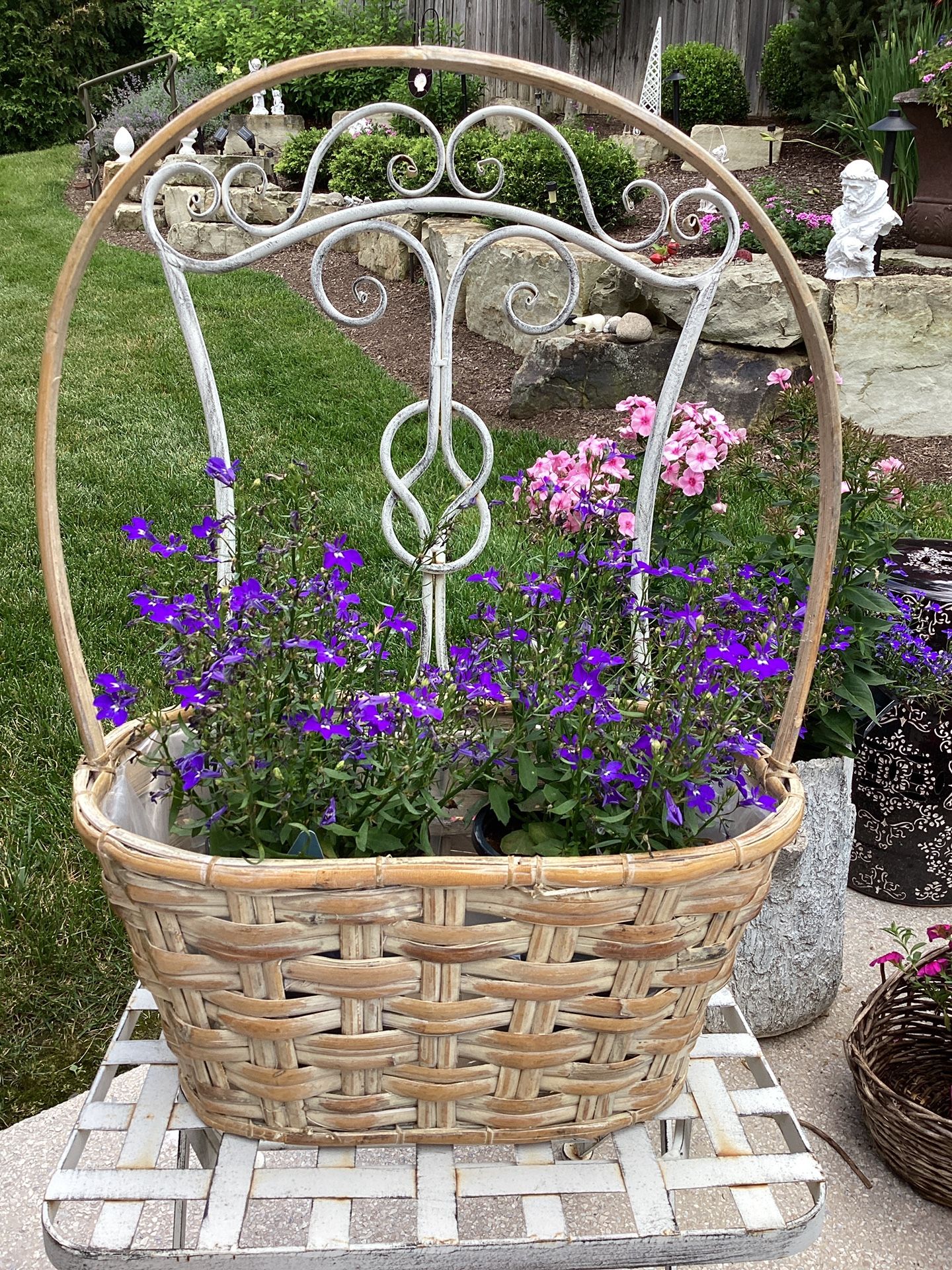 Wicker basket w/ handle - plastic lined 21”T w/handle, 7” x 15 x 8” (see pics) plants not included