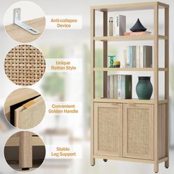 71" Tall Rattan Bookshelf with Doors for Living Room Library 5 Tier Book Shelf Storage Shelves Large Boho Bookshelves Farmhouse Bookcase Book Case for
