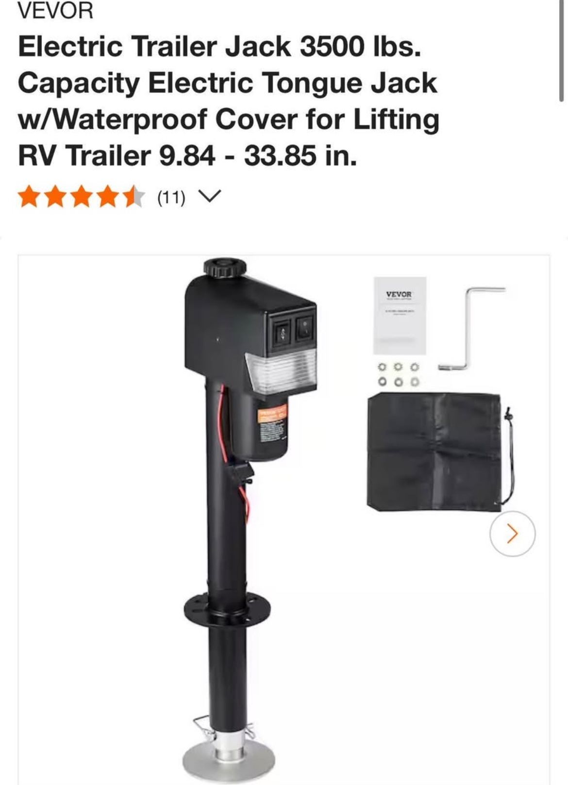 VEVOR Electric Trailer Jack 3500 lbs. Capacity Electric Tongue Jack w/Waterproof Cover for Lifting RV Trailer 9.84 - 33.85 in.