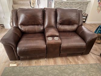 Ashley Furniture Silverbrooke Dual Power  Reclining Leather Loveseat with Console,  and Ashley Furniture Silverbrooke Dual Power Leather Reclining Sof