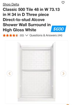 48inch Delta Classic 500 Alcove Shower Wall Surround White and Base