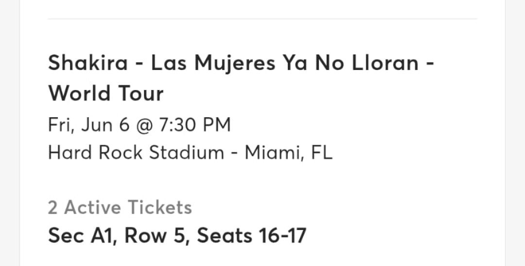 Shakira Gold Tickets A1 Row 5 15-16