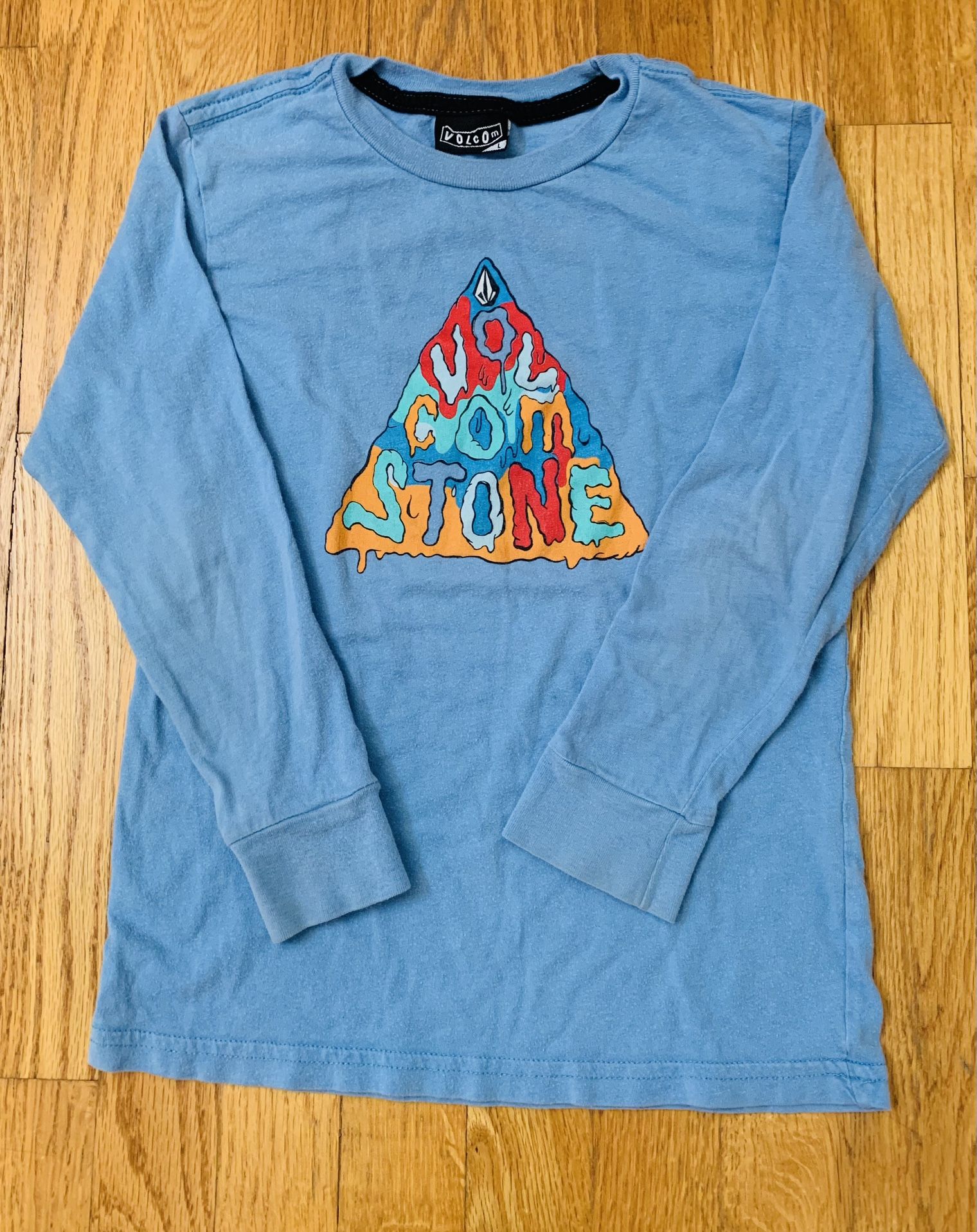 Volcom Shirt Kids Large, Long Sleeve , Blue with colorful logo in triangle, Excellent