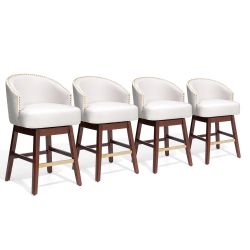 Set of 4 Bar Stools PU Leather / Linen Fabric Upholstered Solid Wood Swivel Barstool Ivory-White - 26.4" H - Counter Height