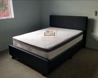 Brand New Full Size Black Leather Platform Bed Frame +Pillowtop Mattress