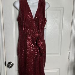 Maroon Sequined Cocktail Length Evening Dress