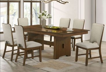 Brand New Walnut & Beige Mid-Century Modern Style 7pc Formal Dining Table Set